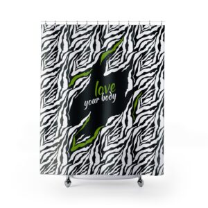 Duschvorhang „Love Your Body“ – Zebra-Design mit Statement-Print